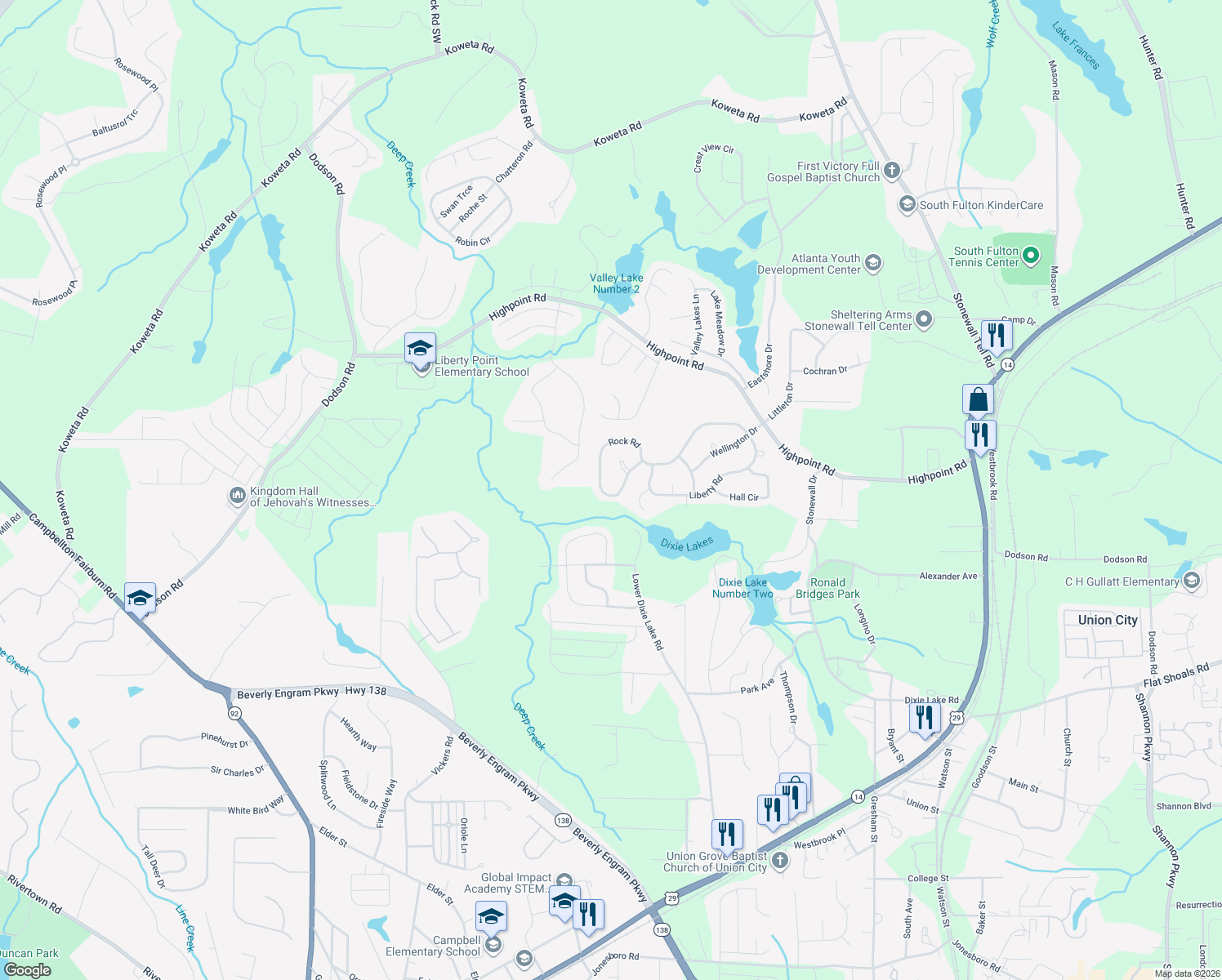 map of restaurants, bars, coffee shops, grocery stores, and more near 5898 Rock Road in Union City