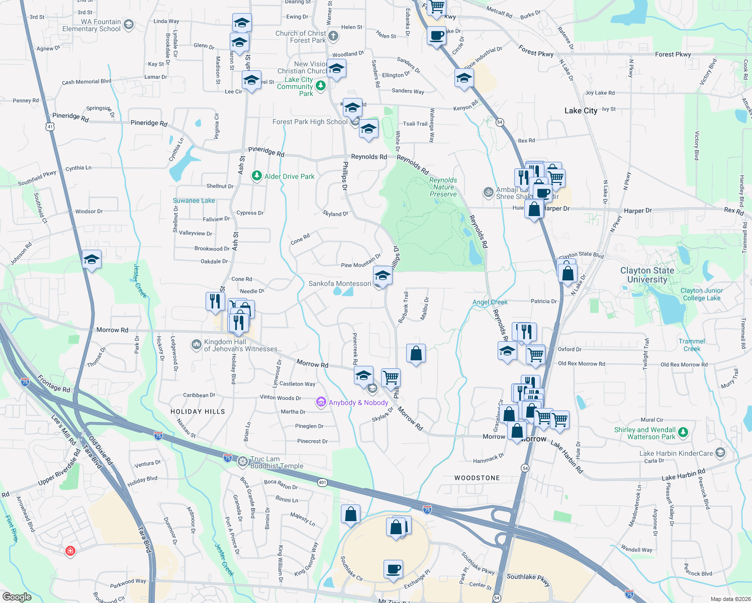 map of restaurants, bars, coffee shops, grocery stores, and more near 5912 Ponderosa Park Place in Forest Park