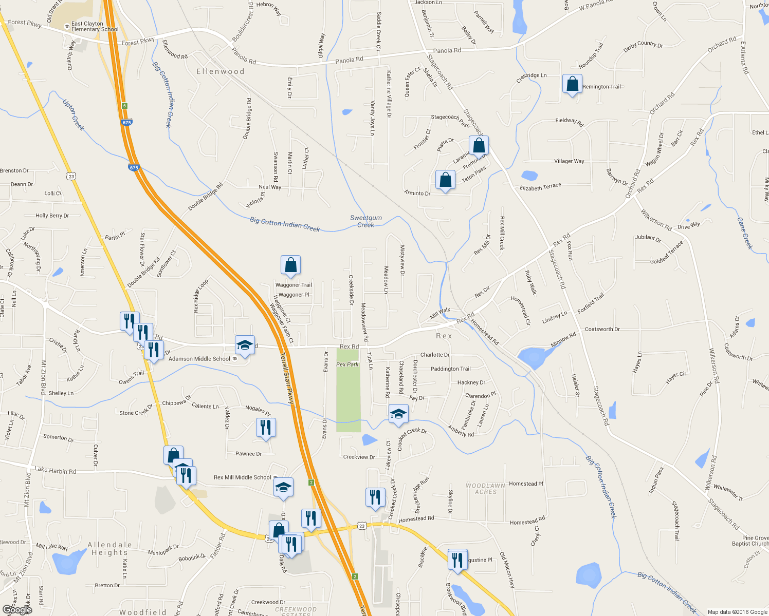 map of restaurants, bars, coffee shops, grocery stores, and more near 5907 Meadow Lane in Rex