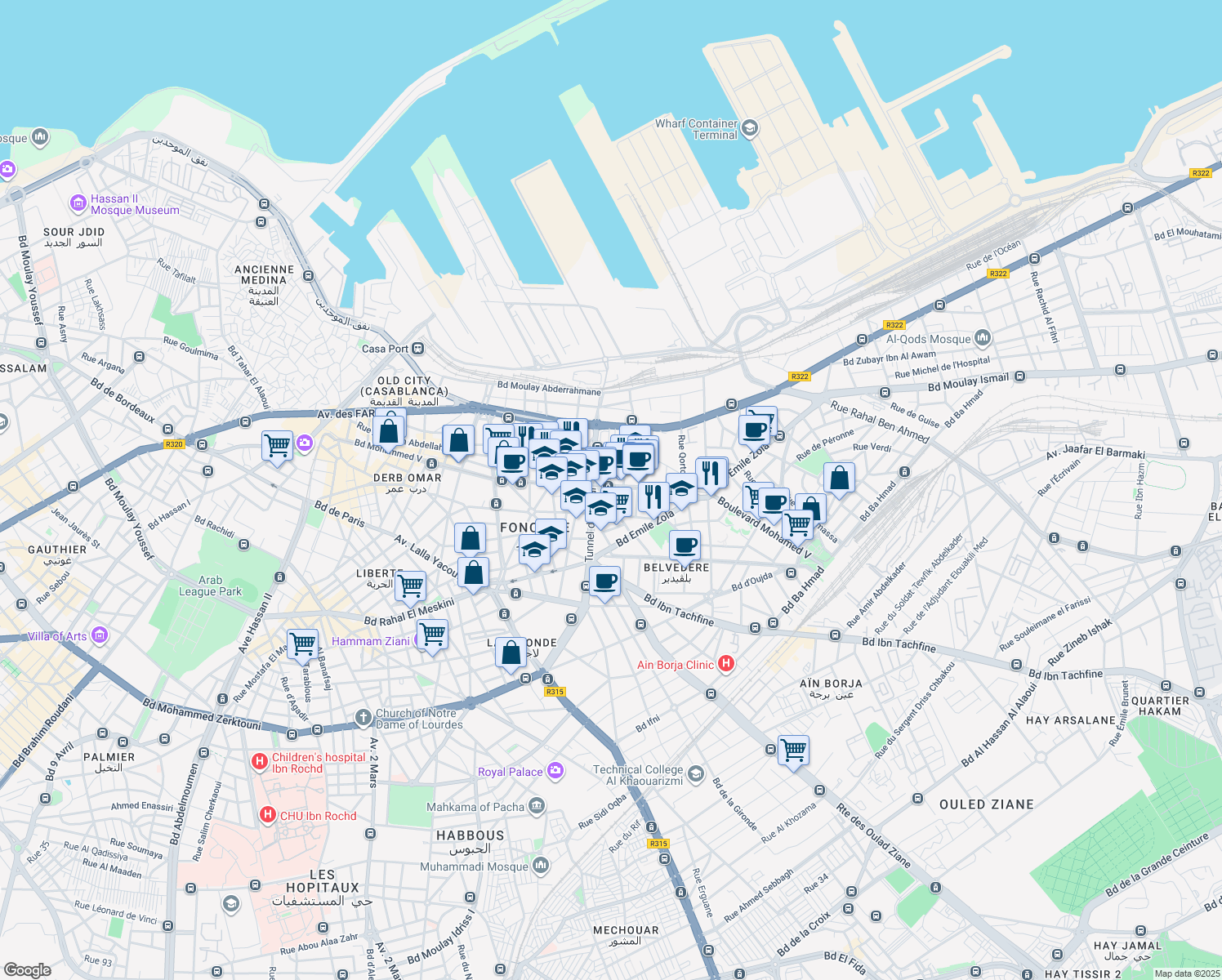 map of restaurants, bars, coffee shops, grocery stores, and more near 304 Boulevard Mohammed V in Casablanca