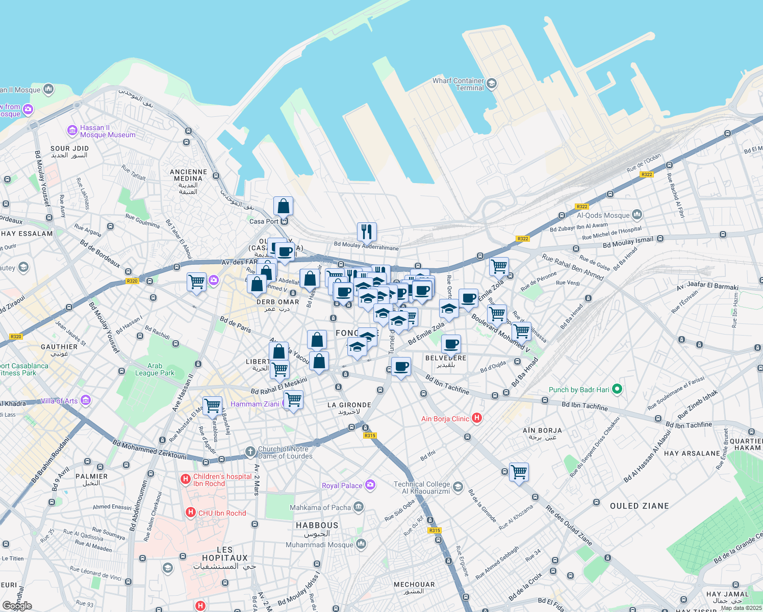 map of restaurants, bars, coffee shops, grocery stores, and more near 304 Boulevard Mohammed V in Casablanca