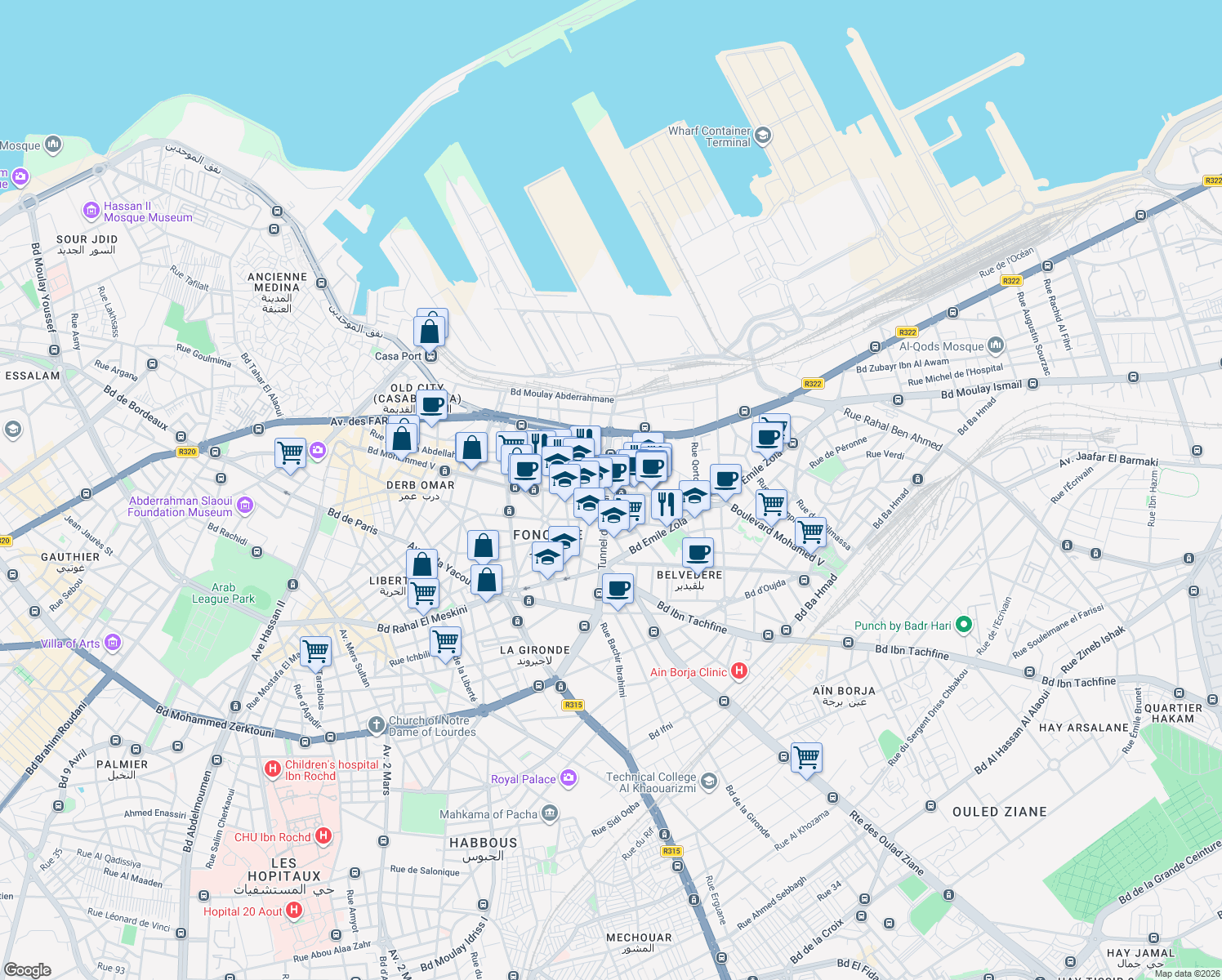 map of restaurants, bars, coffee shops, grocery stores, and more near 349 Boulevard Mohammed V in Casablanca