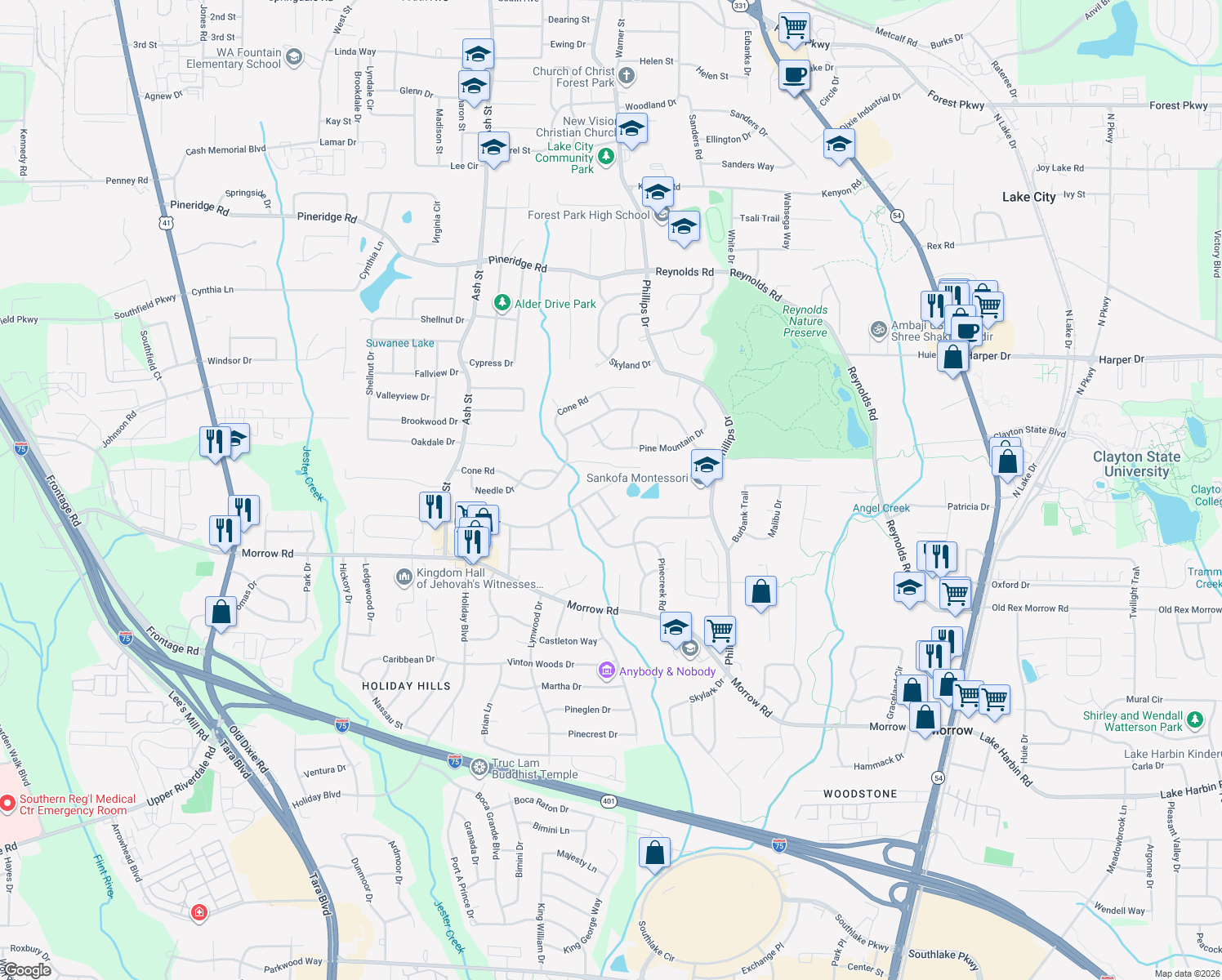 map of restaurants, bars, coffee shops, grocery stores, and more near 1007 Longleaf Dr in Forest Park