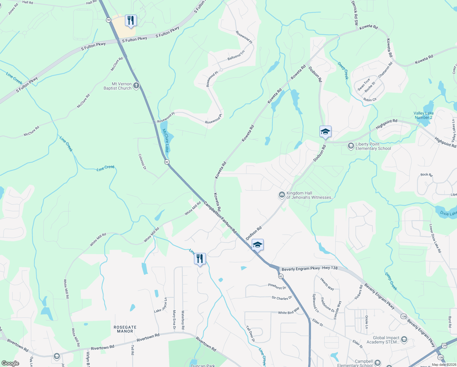 map of restaurants, bars, coffee shops, grocery stores, and more near 6370 Koweta Rd in Fairburn