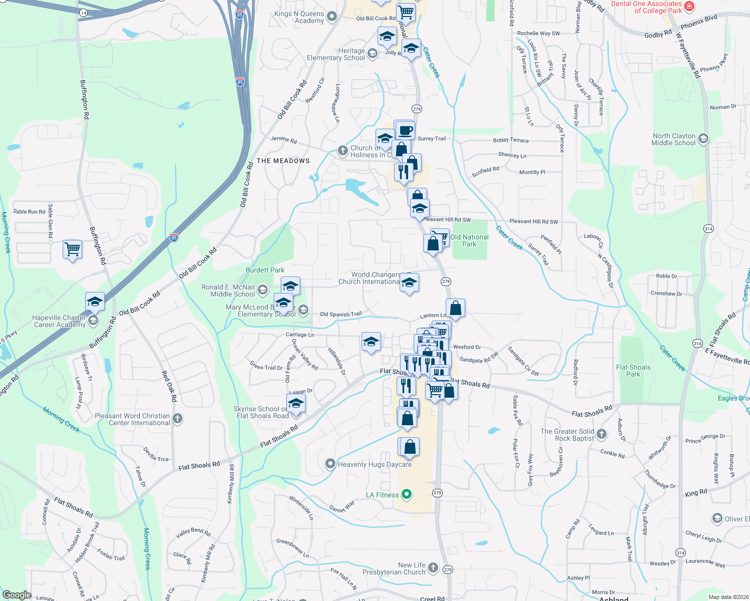 map of restaurants, bars, coffee shops, grocery stores, and more near 2613 Old Spanish Trail in College Park