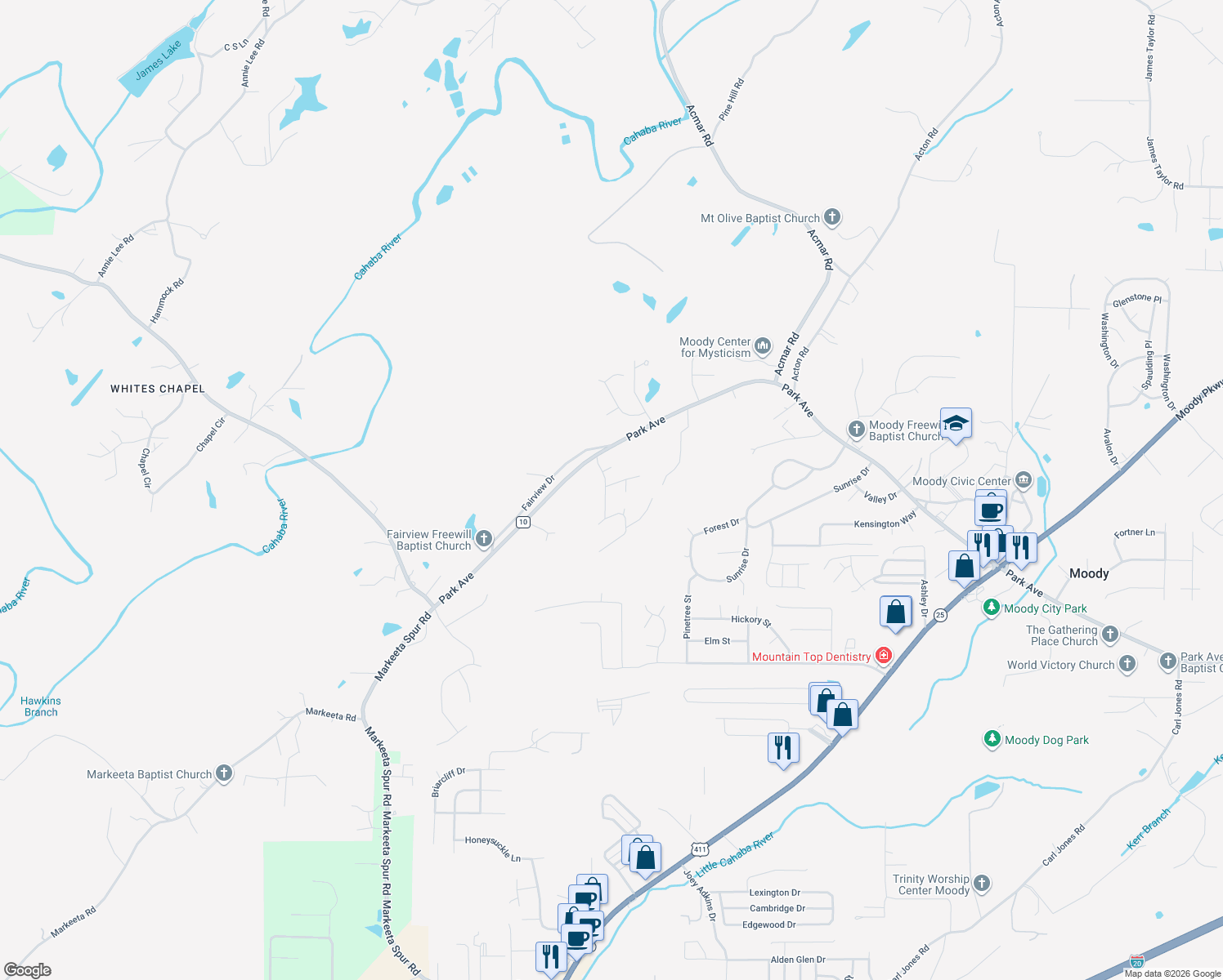 map of restaurants, bars, coffee shops, grocery stores, and more near 1314 Ridgewood Drive in Moody