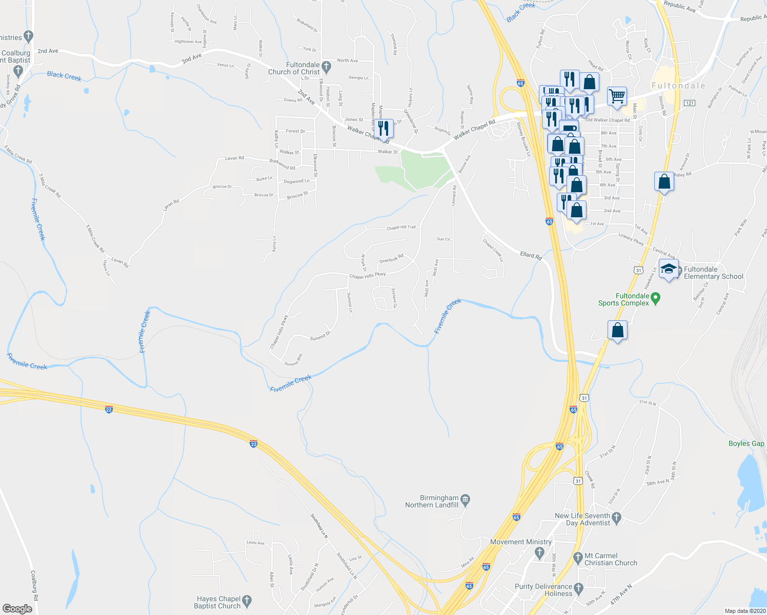 map of restaurants, bars, coffee shops, grocery stores, and more near 467 Enclave Circle in Fultondale