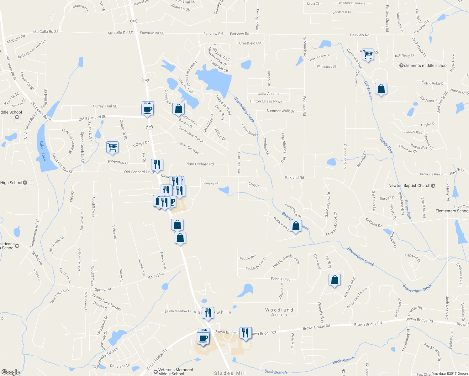 map of restaurants, bars, coffee shops, grocery stores, and more near 60 Creekview Boulevard in Covington
