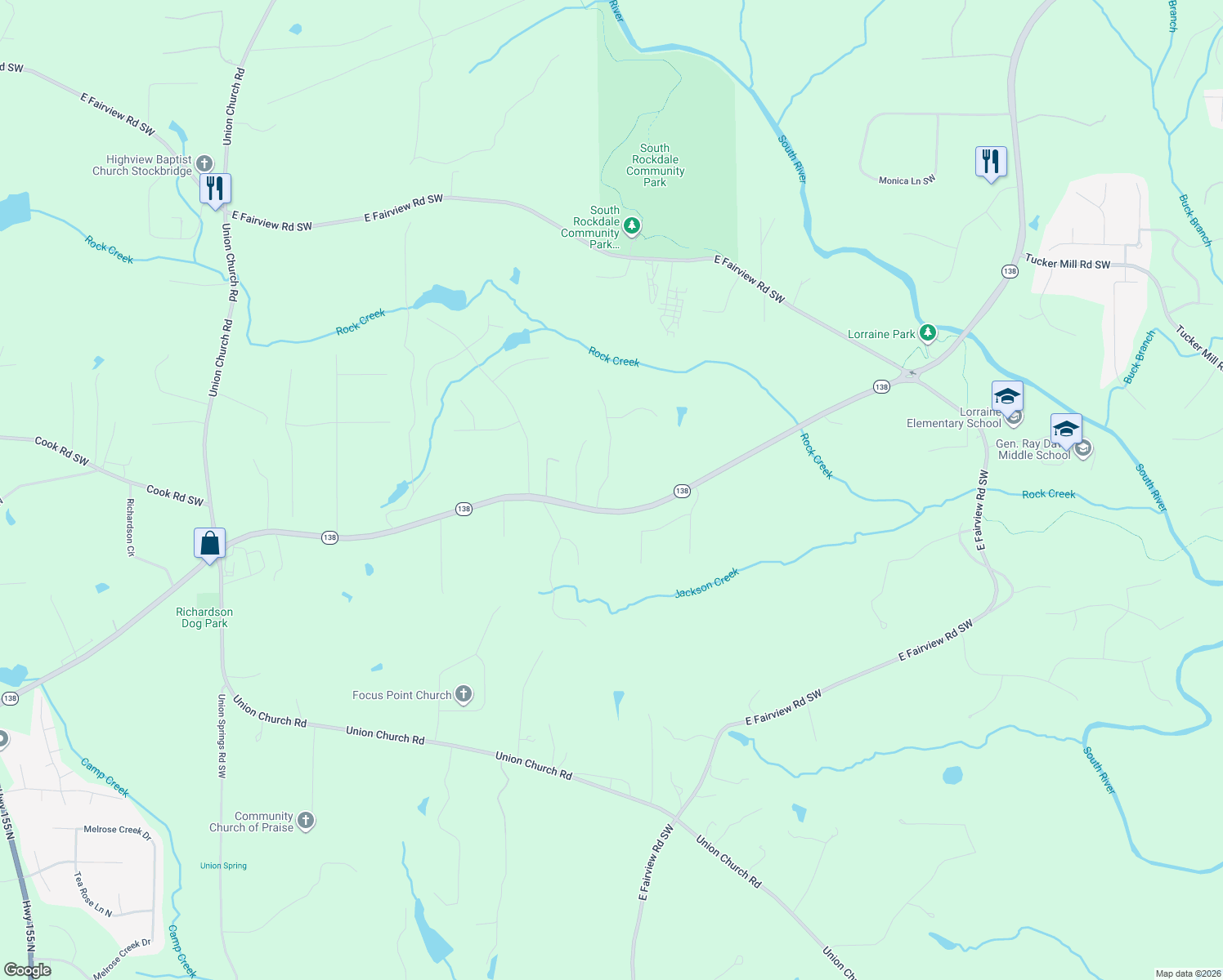 map of restaurants, bars, coffee shops, grocery stores, and more near 3602 Sierra Dr in Stockbridge