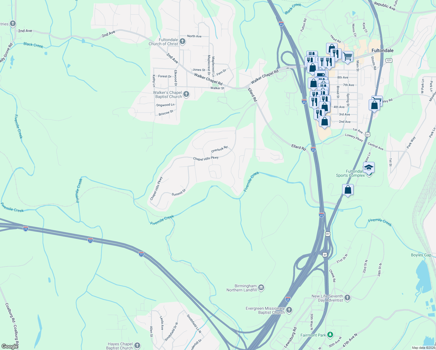 map of restaurants, bars, coffee shops, grocery stores, and more near 3128 Enclave Lane in Fultondale