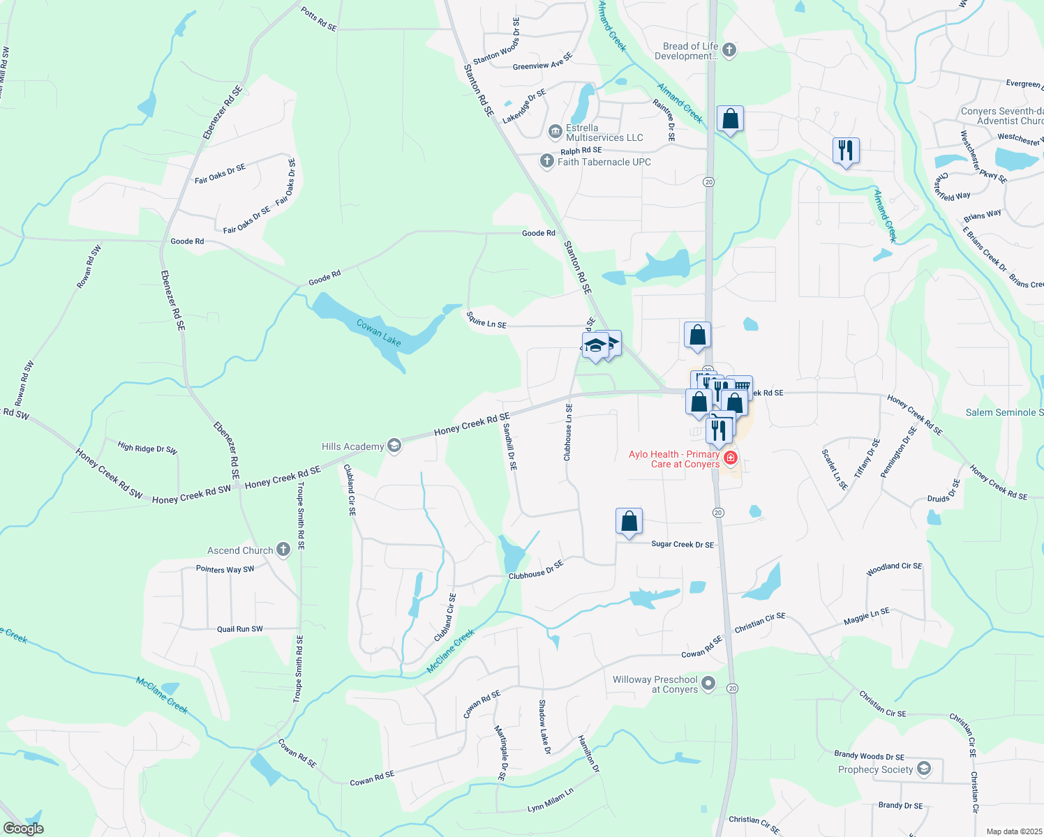 map of restaurants, bars, coffee shops, grocery stores, and more near 599 Honey Creek Rd SE in Conyers