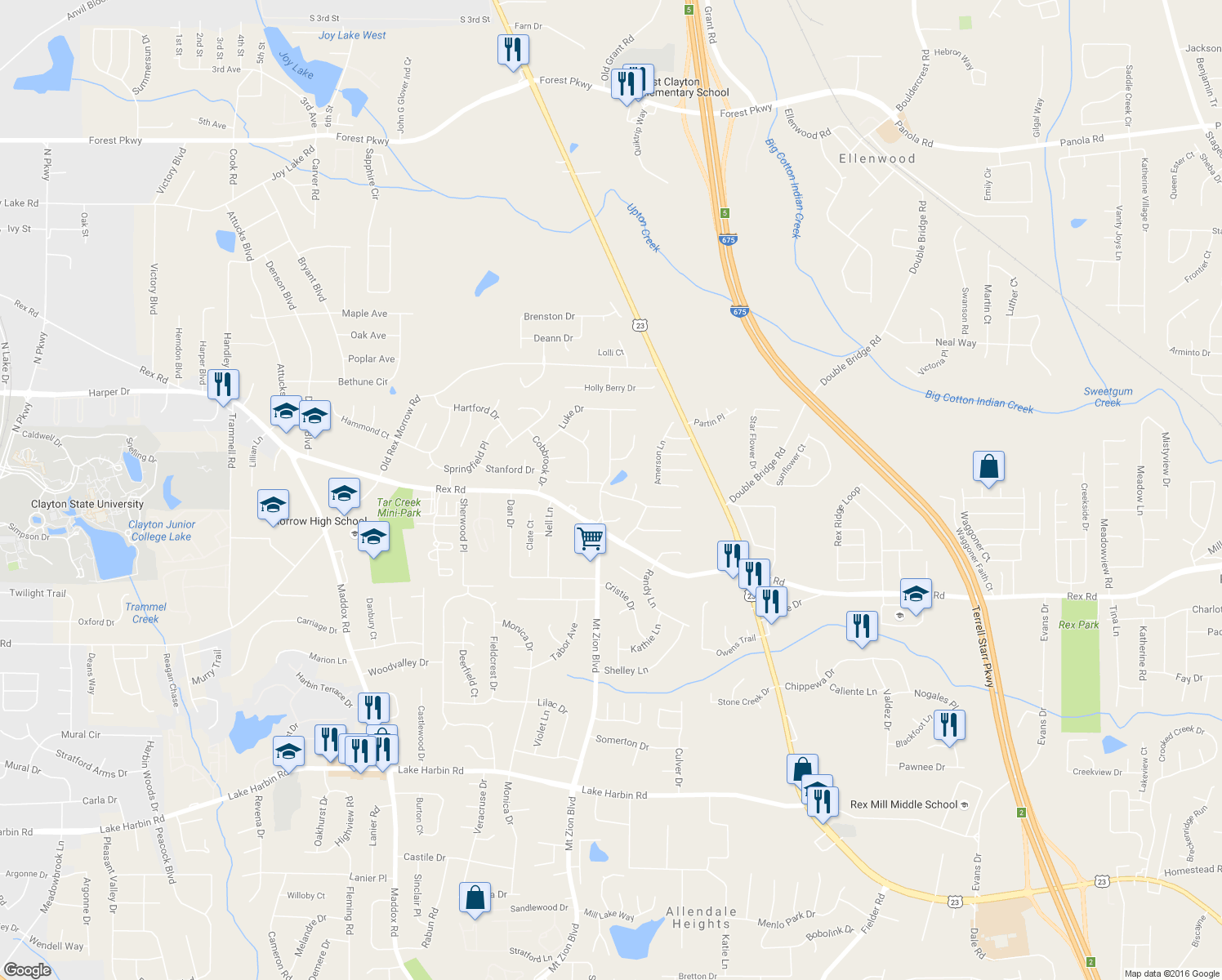 map of restaurants, bars, coffee shops, grocery stores, and more near 2686 Silver Queen Road in Ellenwood