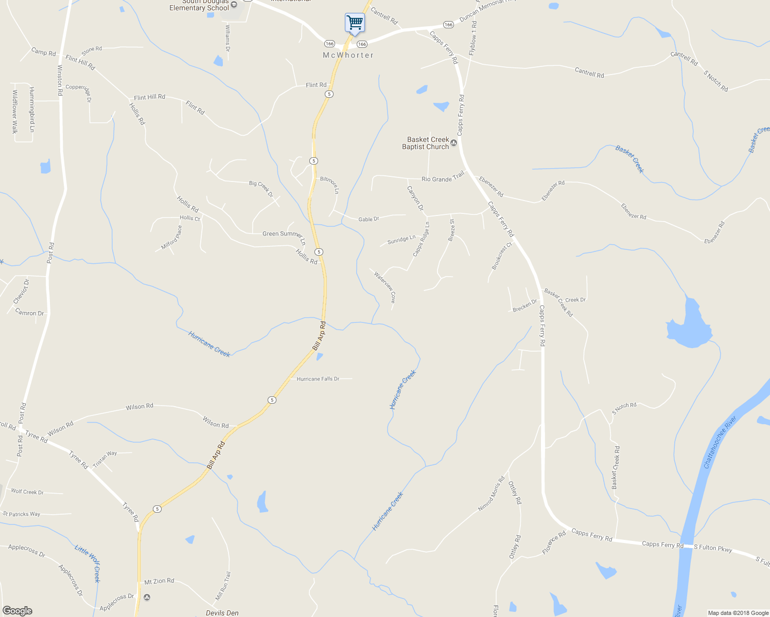 map of restaurants, bars, coffee shops, grocery stores, and more near 7449 Waterview Cove in Douglasville