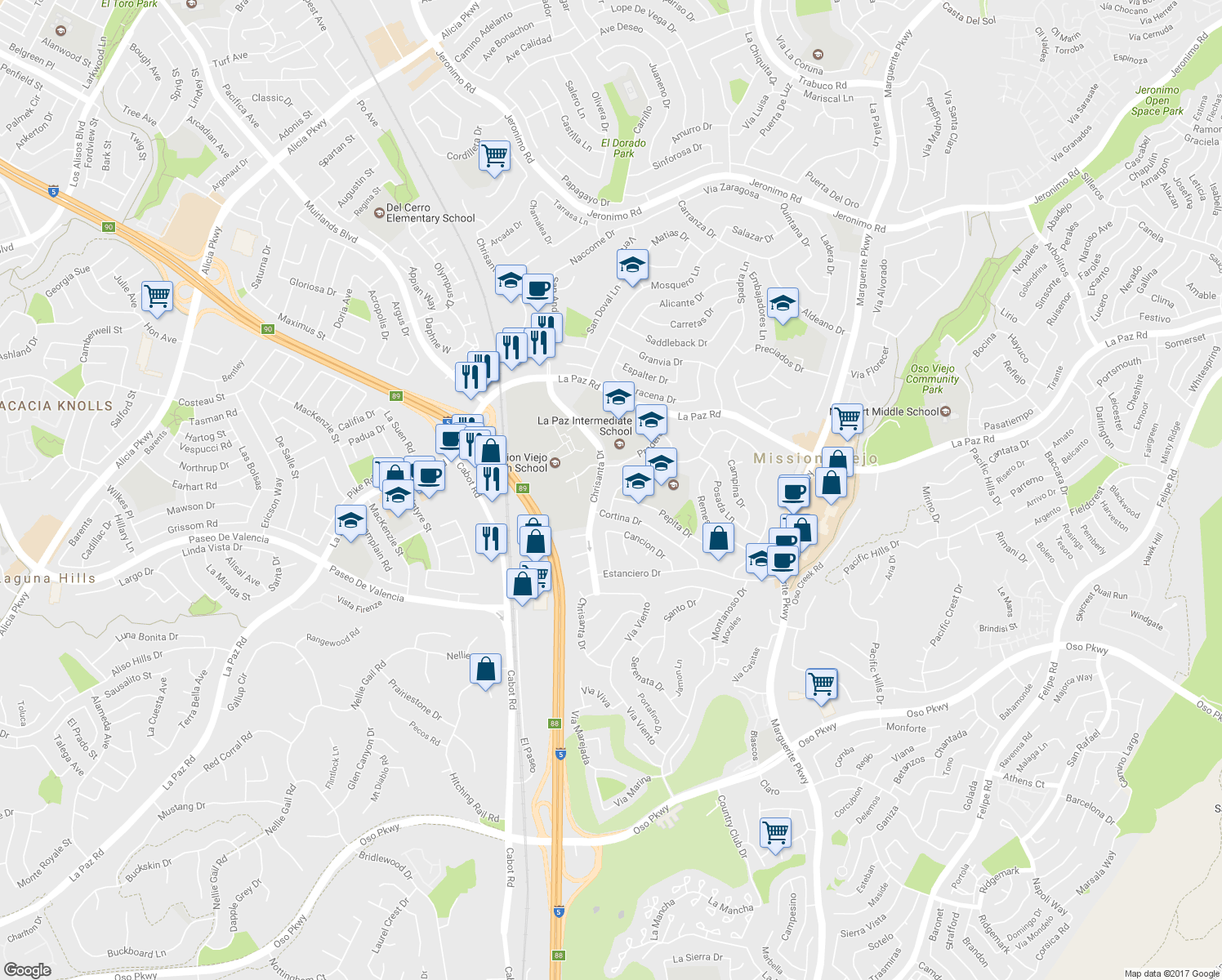 map of restaurants, bars, coffee shops, grocery stores, and more near 25301 Pericia Drive in Mission Viejo
