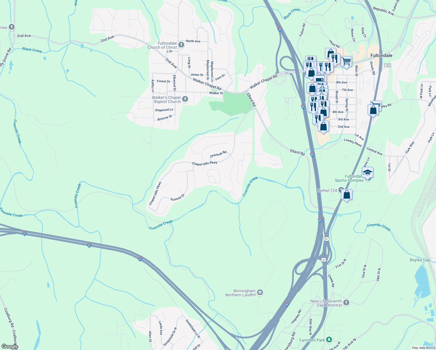 map of restaurants, bars, coffee shops, grocery stores, and more near 519 Enclave Circle in Fultondale