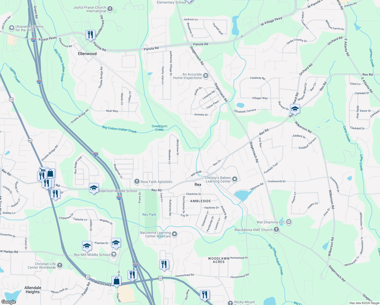 map of restaurants, bars, coffee shops, grocery stores, and more near 5800 Colonnade Drive in Rex