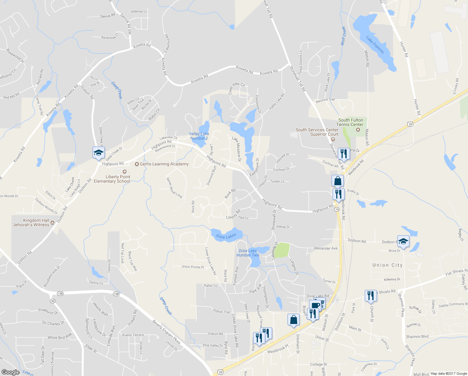 map of restaurants, bars, coffee shops, grocery stores, and more near 5559 Rock Road in Union City