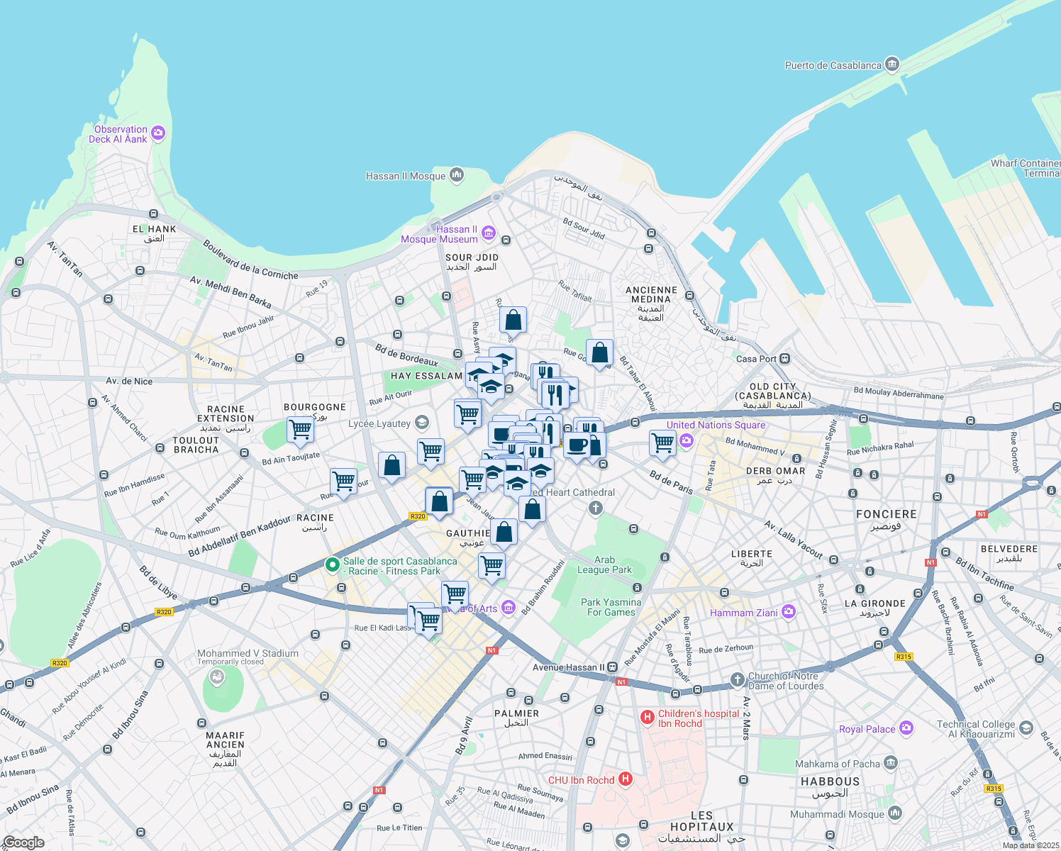 map of restaurants, bars, coffee shops, grocery stores, and more near Rue Jaber Ben Hayane in Casablanca