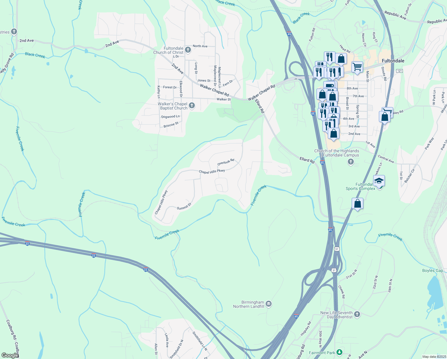 map of restaurants, bars, coffee shops, grocery stores, and more near 545 Enclave Circle in Fultondale