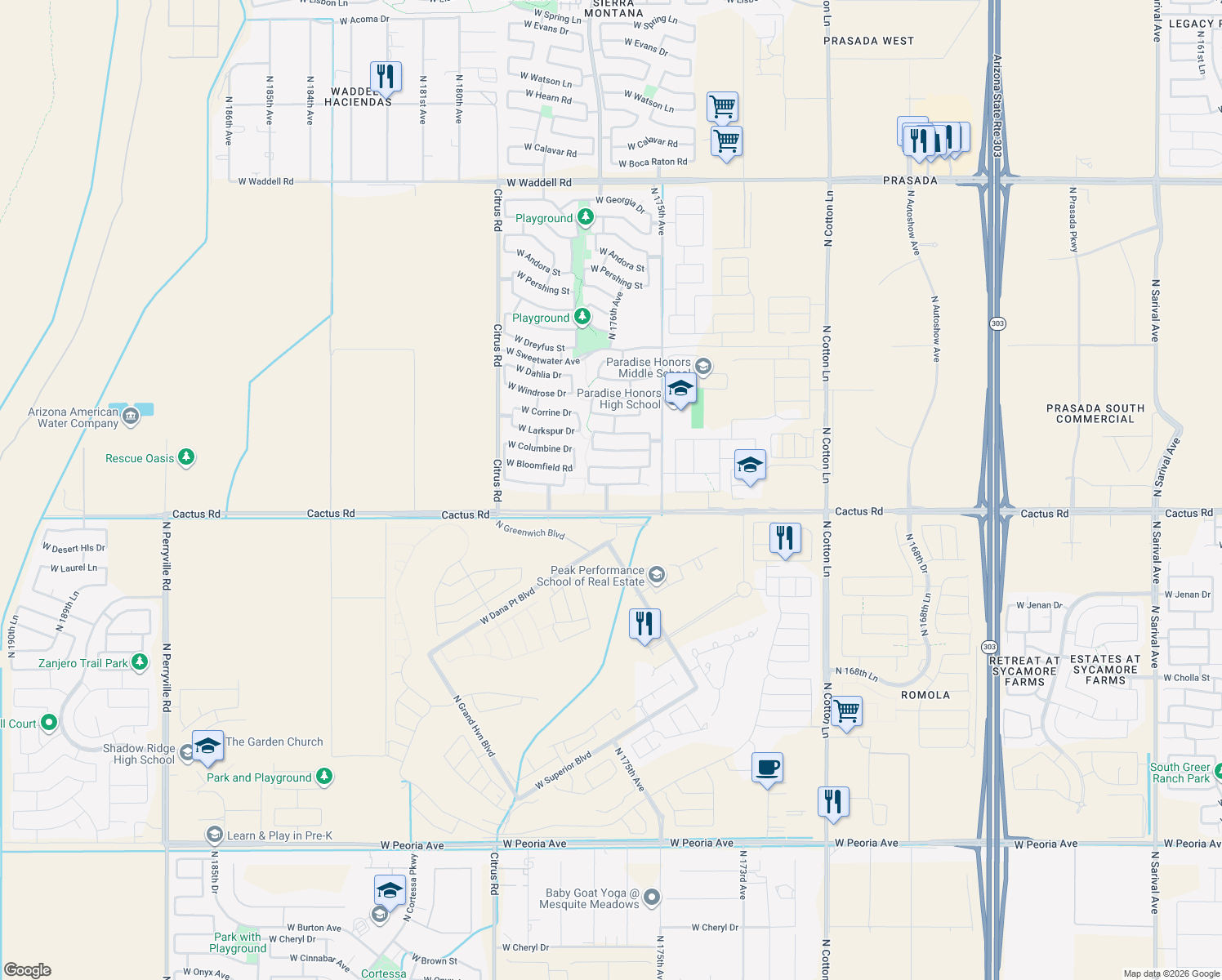 map of restaurants, bars, coffee shops, grocery stores, and more near 17639 West Charter Oak Road in Surprise