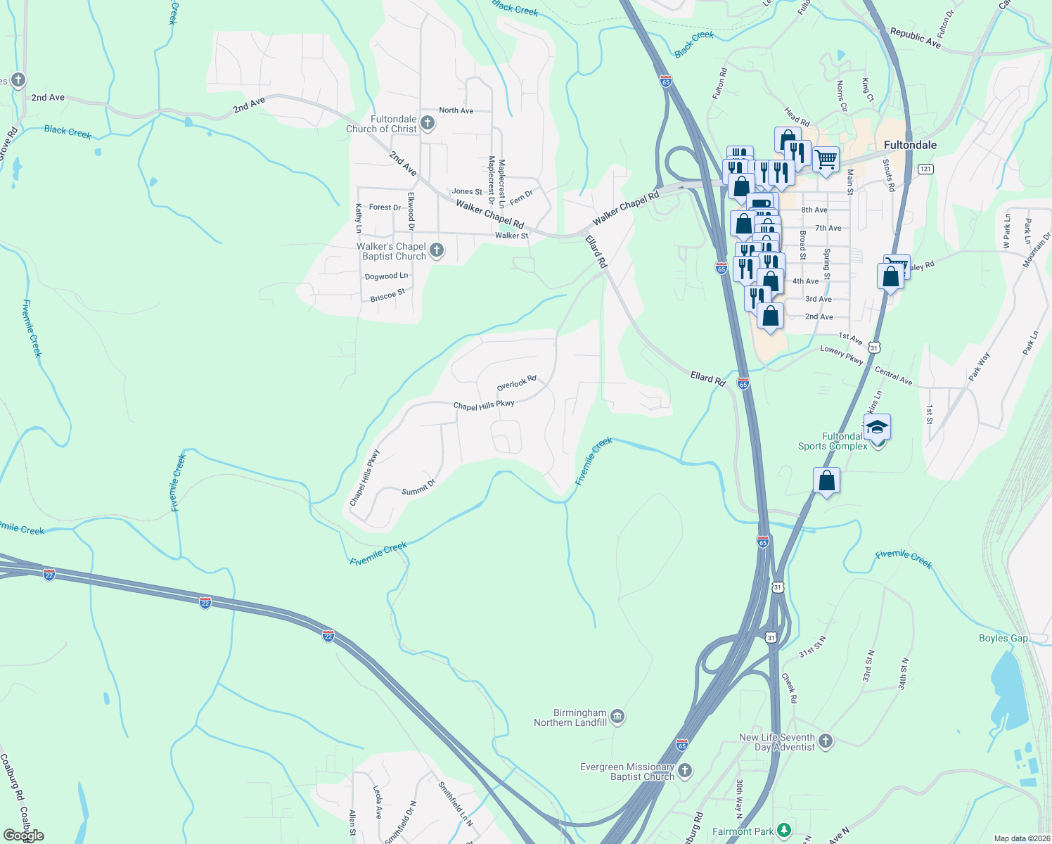 map of restaurants, bars, coffee shops, grocery stores, and more near 512 Enclave Circle in Fultondale