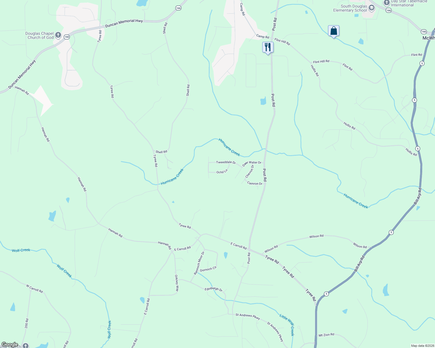 map of restaurants, bars, coffee shops, grocery stores, and more near 8955 Ochil Lane in Douglas County
