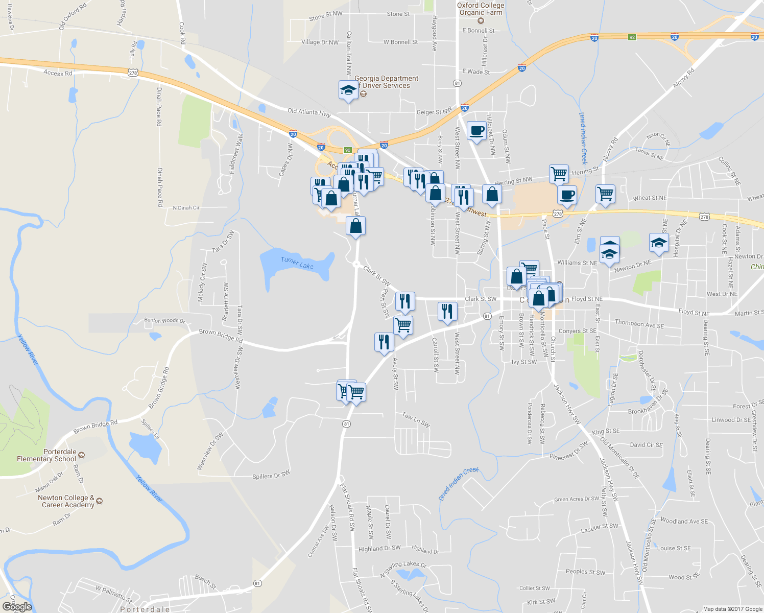 map of restaurants, bars, coffee shops, grocery stores, and more near 5160 Pratt Street Southwest in Covington