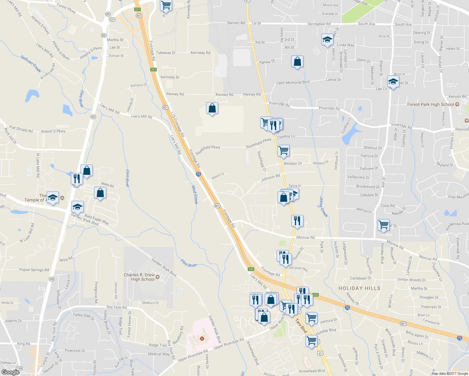 map of restaurants, bars, coffee shops, grocery stores, and more near 100 Morrow Road in Forest Park
