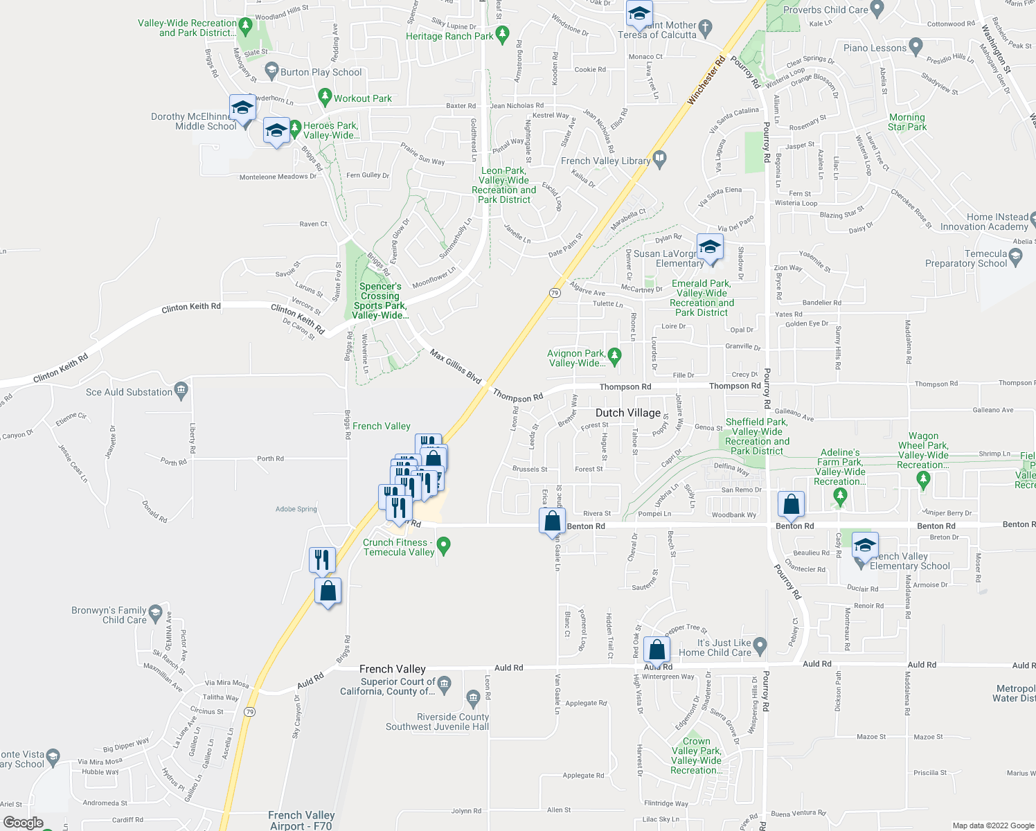 map of restaurants, bars, coffee shops, grocery stores, and more near Leon Road in Winchester