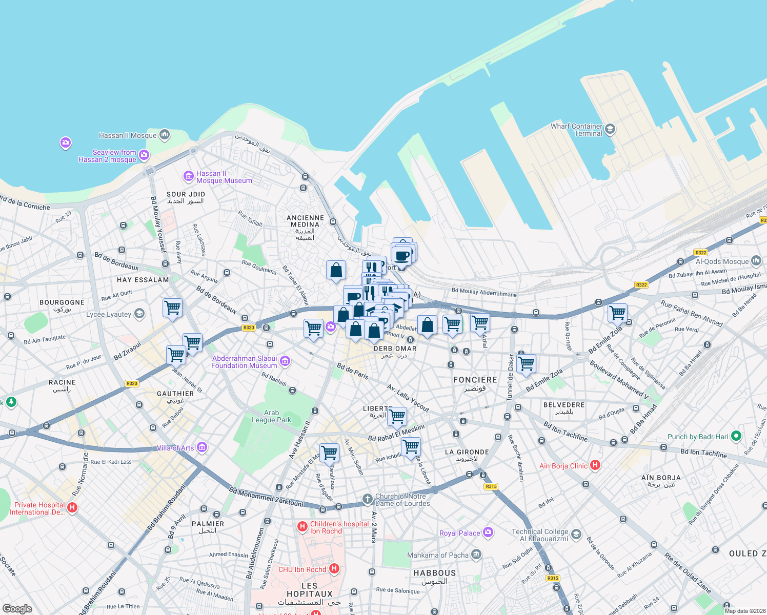 map of restaurants, bars, coffee shops, grocery stores, and more near Avenue des FAR in Casablanca