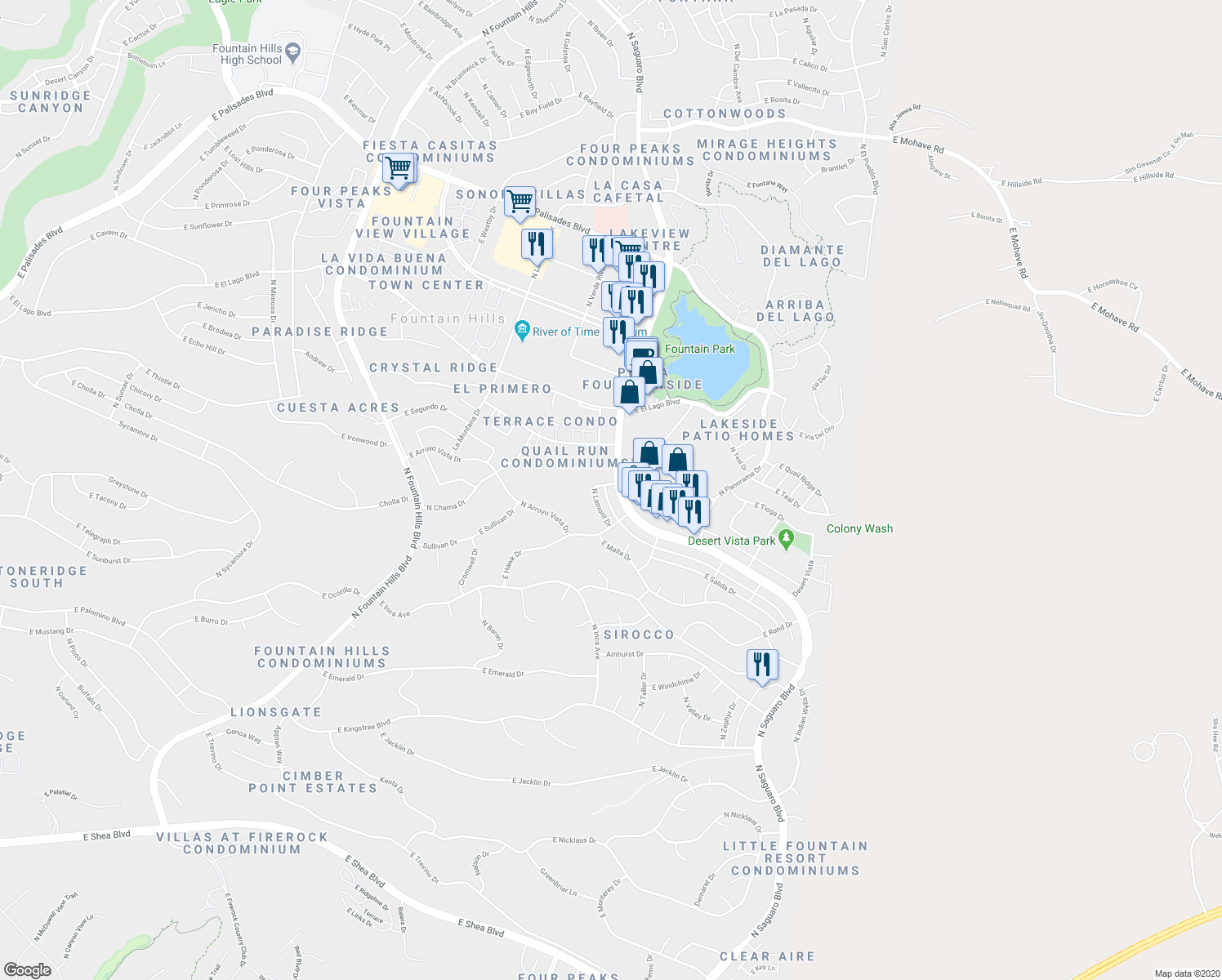 map of restaurants, bars, coffee shops, grocery stores, and more near 12052 North Saguaro Boulevard in Fountain Hills