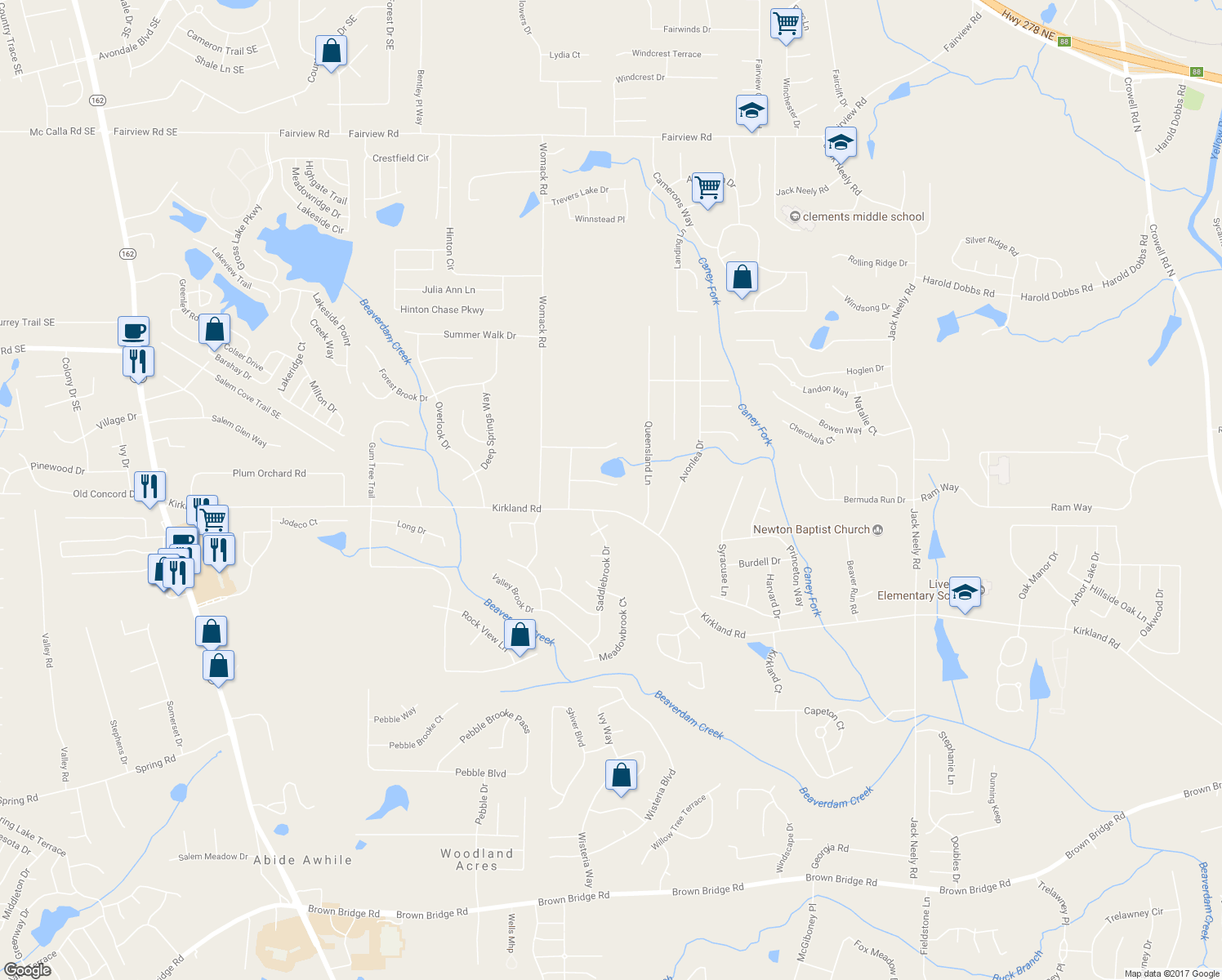 map of restaurants, bars, coffee shops, grocery stores, and more near 60 Pine Valley Drive in Covington