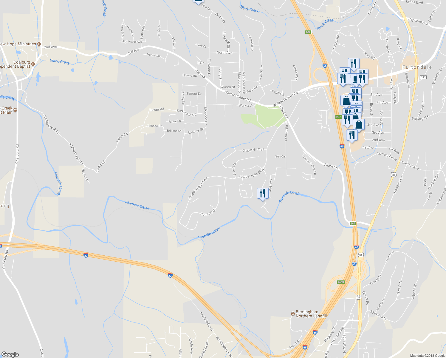 map of restaurants, bars, coffee shops, grocery stores, and more near 3347 Chapel Hills Parkway in Fultondale