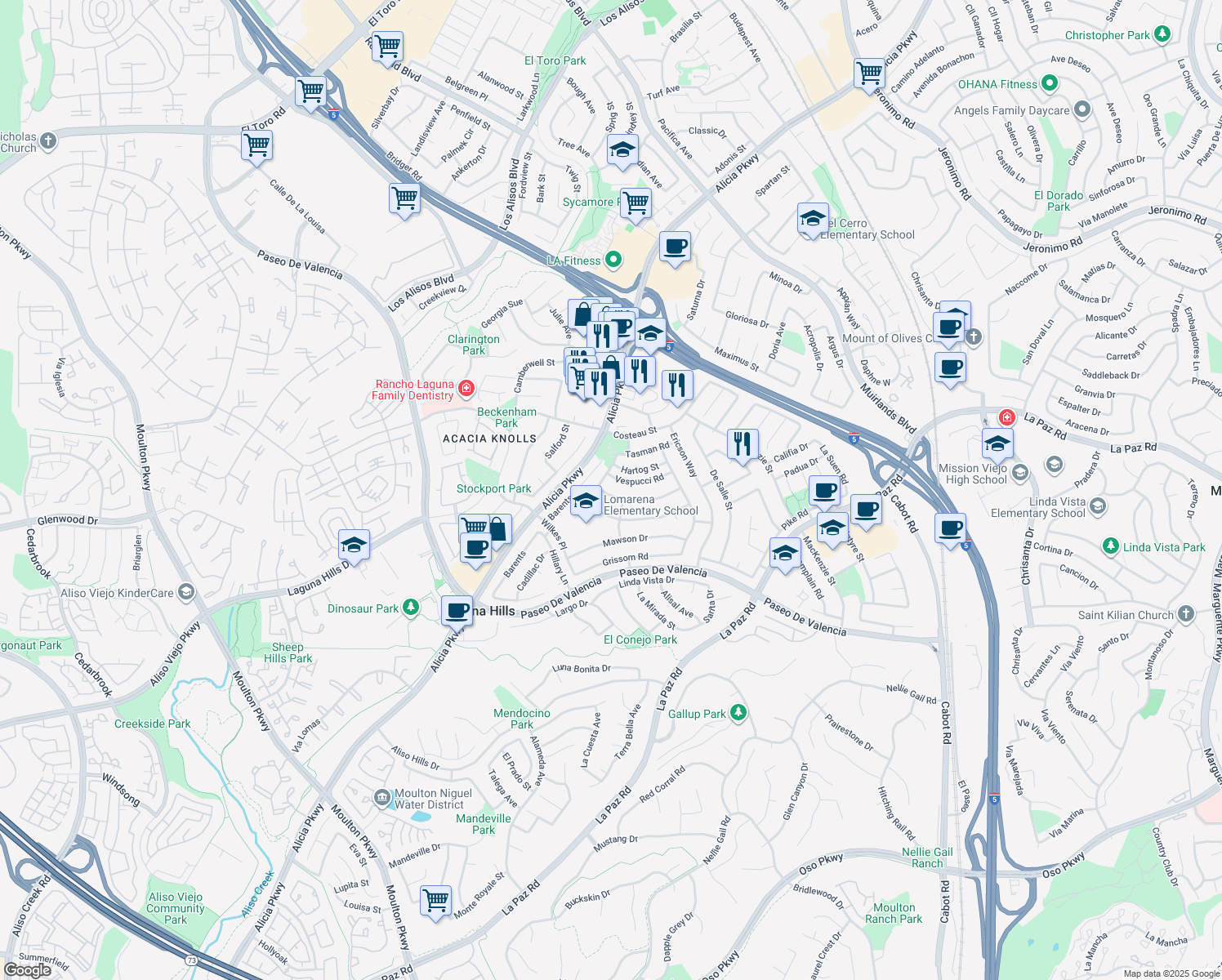 map of restaurants, bars, coffee shops, grocery stores, and more near 25101 Northrup Drive in Laguna Hills