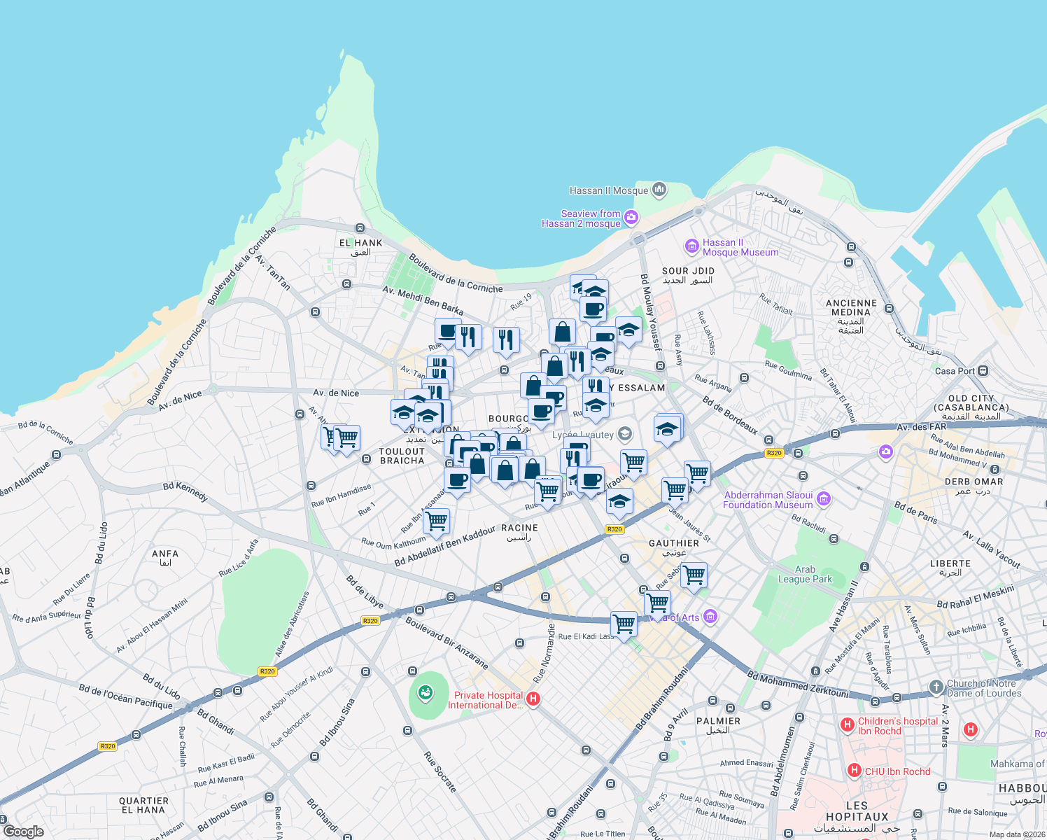 map of restaurants, bars, coffee shops, grocery stores, and more near 19 Rue Ibn Sabadih in Casablanca