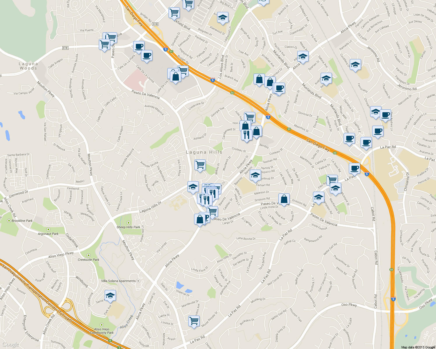 map of restaurants, bars, coffee shops, grocery stores, and more near 25132 Wilkes Place in Laguna Hills