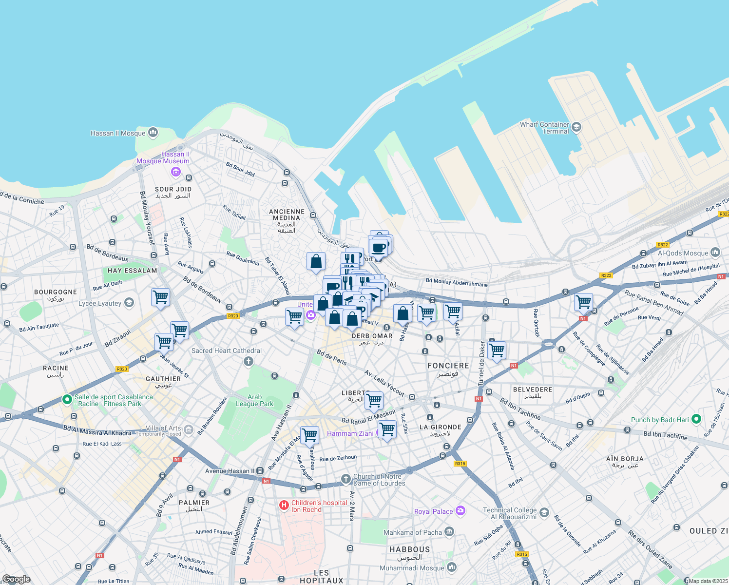 map of restaurants, bars, coffee shops, grocery stores, and more near 27 Avenue des FAR in Casablanca