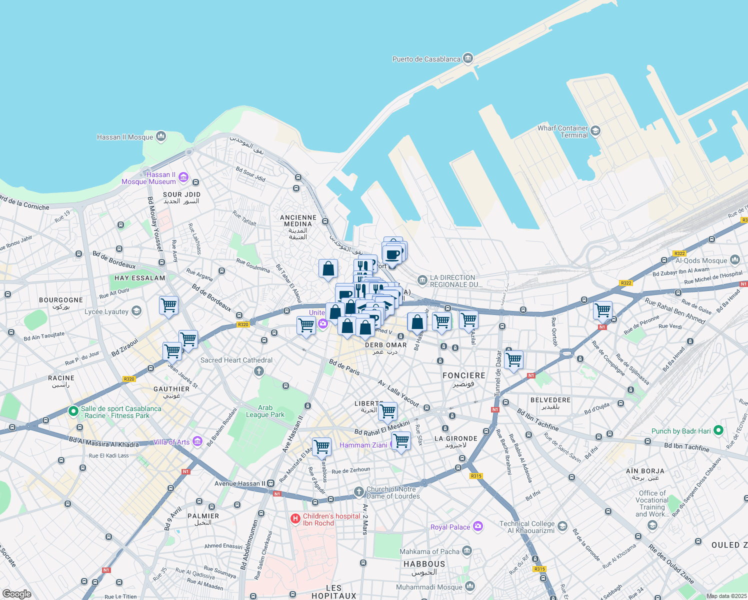 map of restaurants, bars, coffee shops, grocery stores, and more near 27 Avenue des FAR in Casablanca