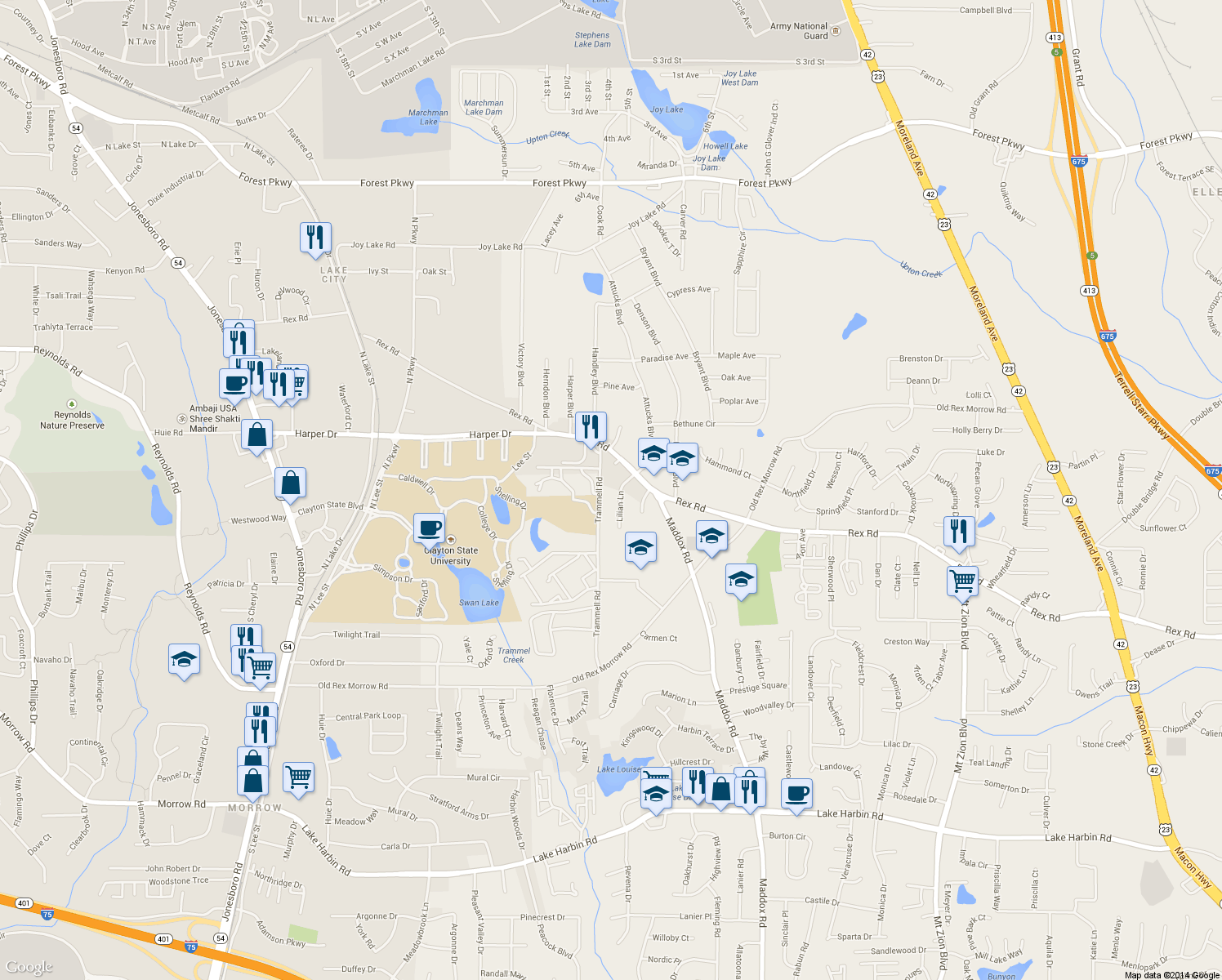 map of restaurants, bars, coffee shops, grocery stores, and more near 5788 Trammell Road in Morrow