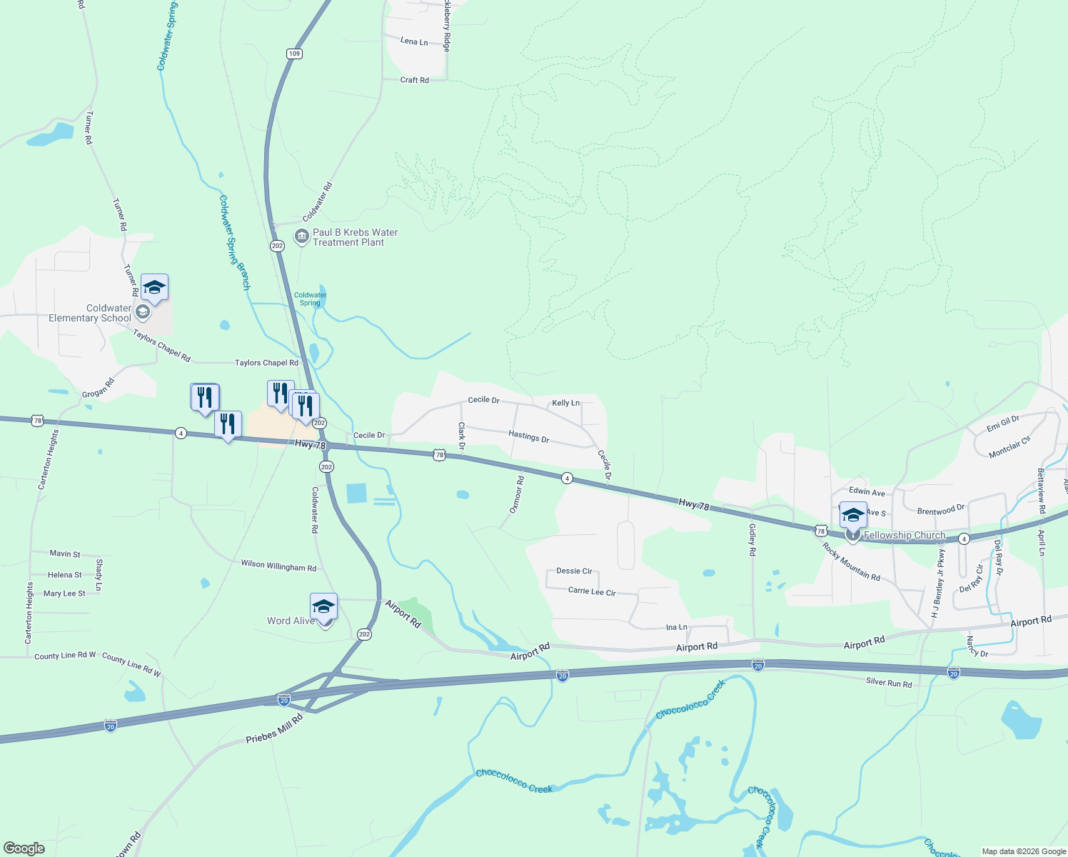 map of restaurants, bars, coffee shops, grocery stores, and more near 3833 Hastings Dr in Oxford