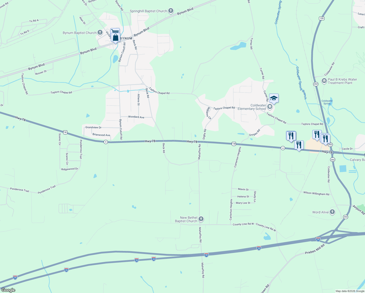 map of restaurants, bars, coffee shops, grocery stores, and more near 6227 U.S. 78 in Eastaboga