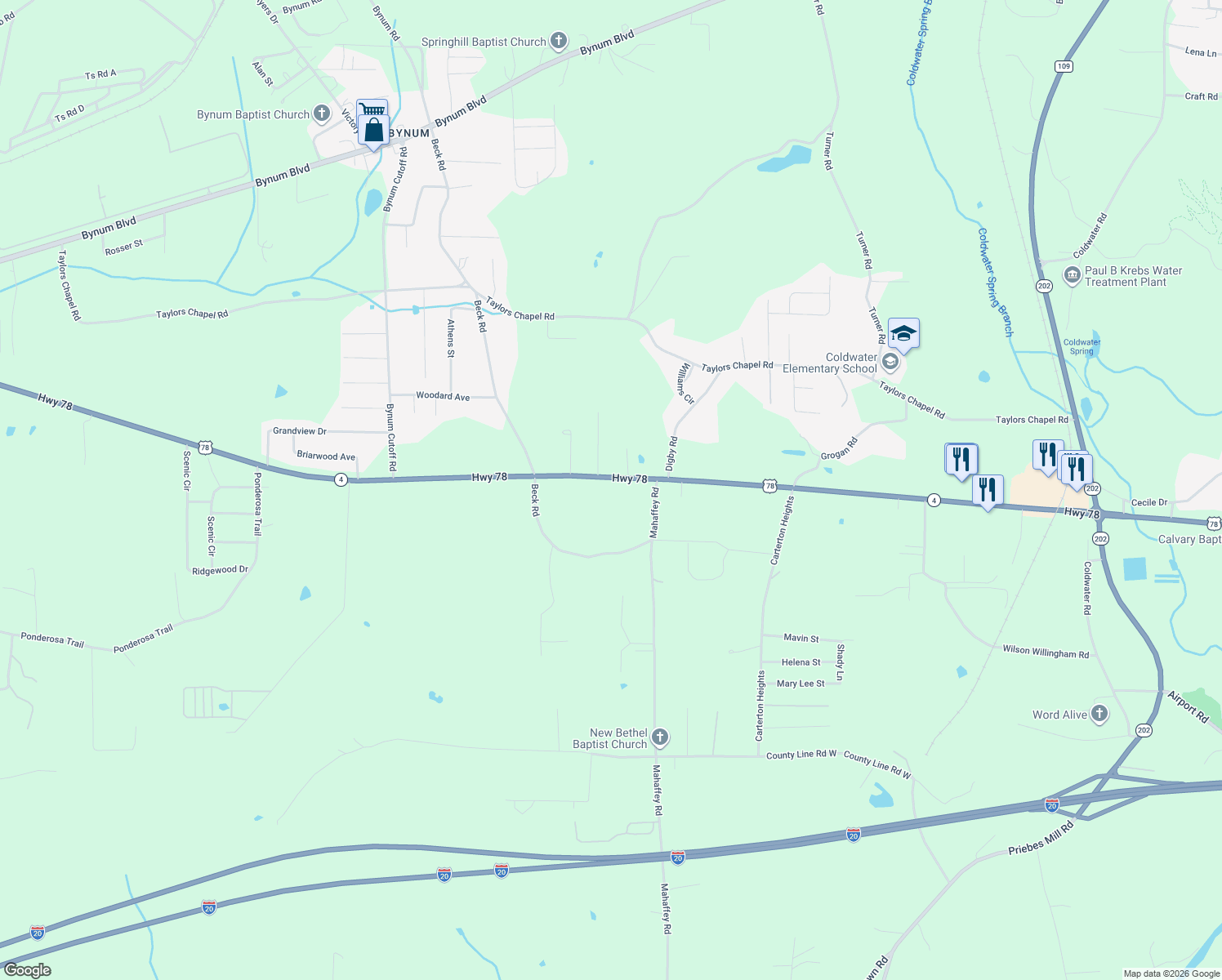 map of restaurants, bars, coffee shops, grocery stores, and more near 6227 U.S. 78 in Oxford