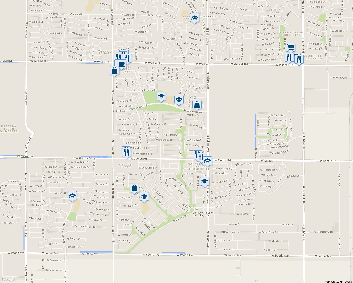 map of restaurants, bars, coffee shops, grocery stores, and more near 14957 West Columbine Drive in Surprise