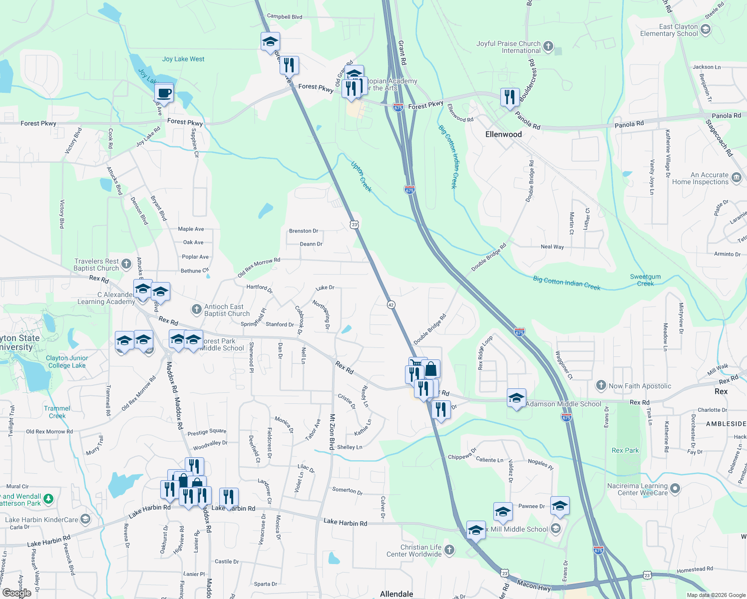 map of restaurants, bars, coffee shops, grocery stores, and more near 5753 Amerson Lane in Ellenwood