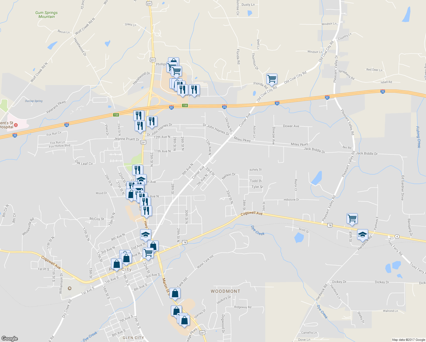 map of restaurants, bars, coffee shops, grocery stores, and more near 3302 7th Avenue North in Pell City