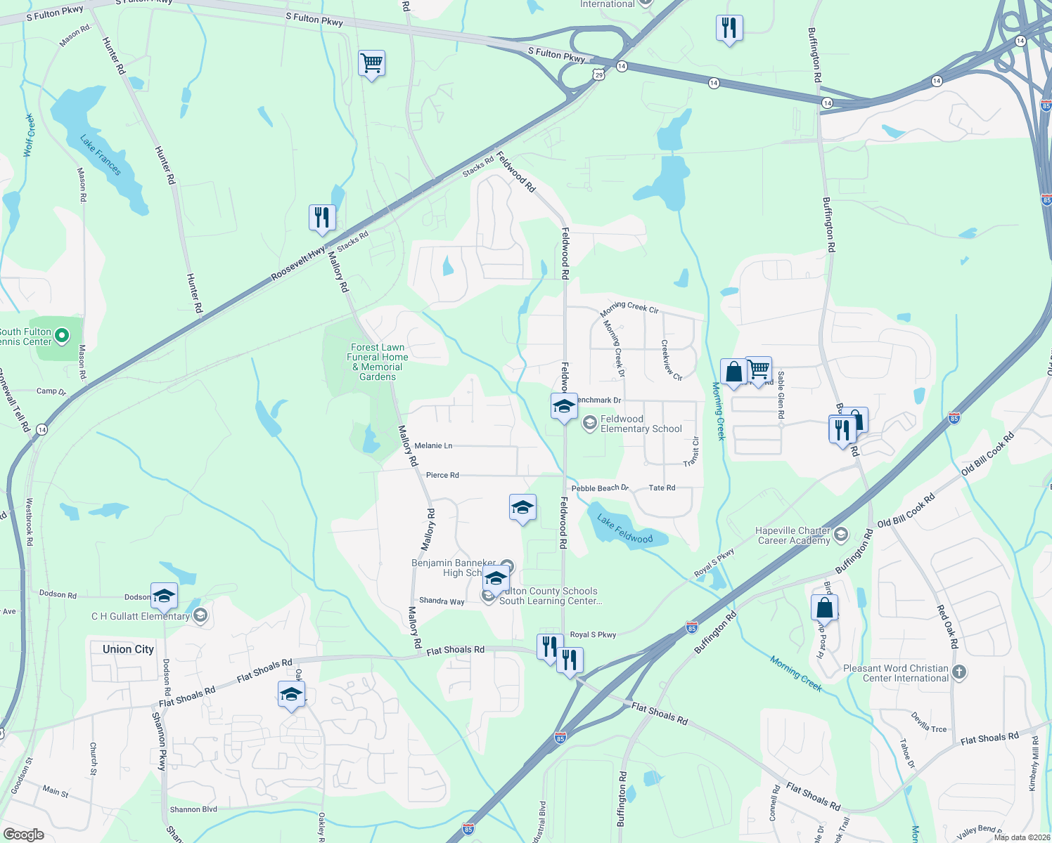 map of restaurants, bars, coffee shops, grocery stores, and more near 5740 Melanie Trail Southwest in College Park