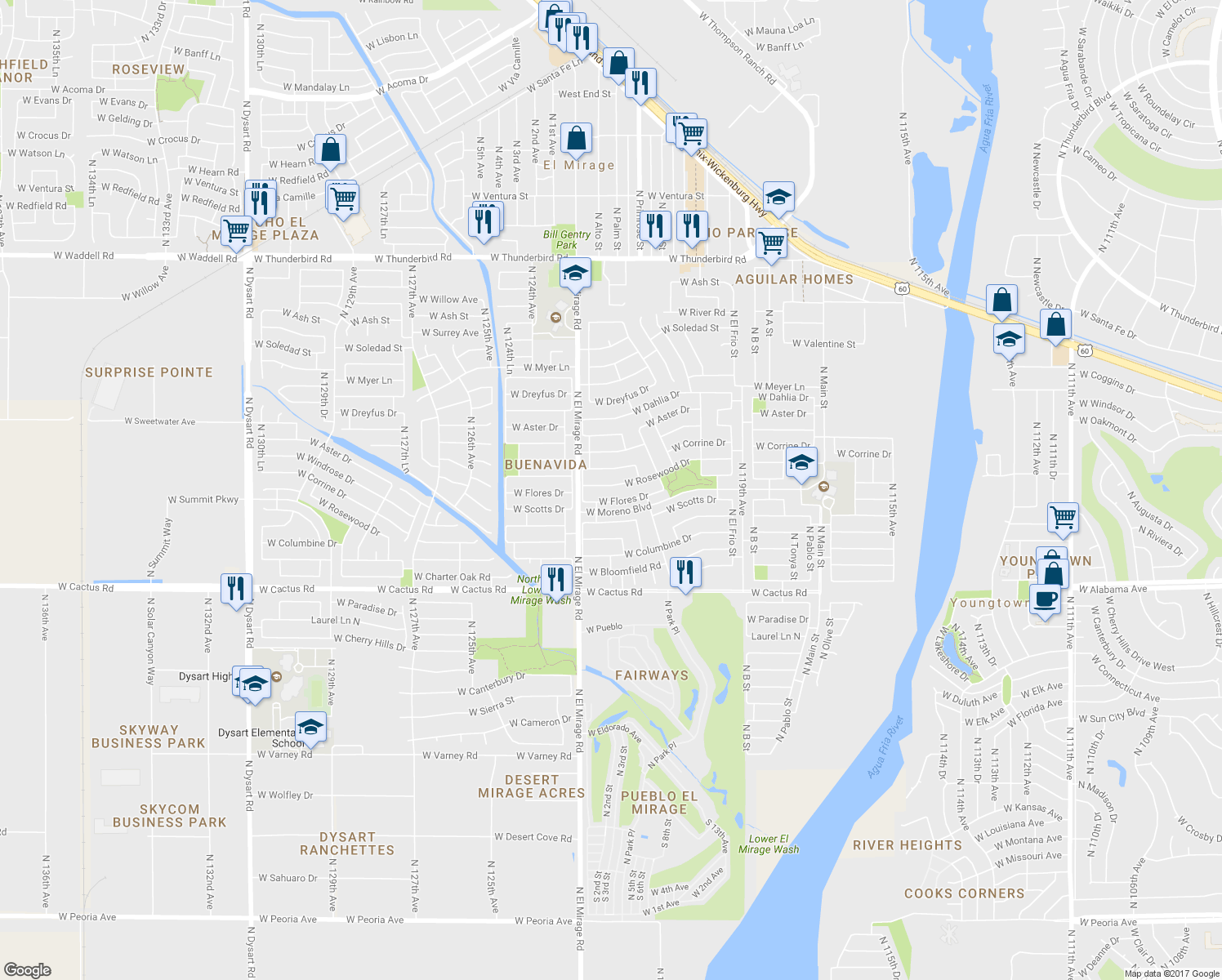 map of restaurants, bars, coffee shops, grocery stores, and more near 12211 West Rosewood Drive in El Mirage