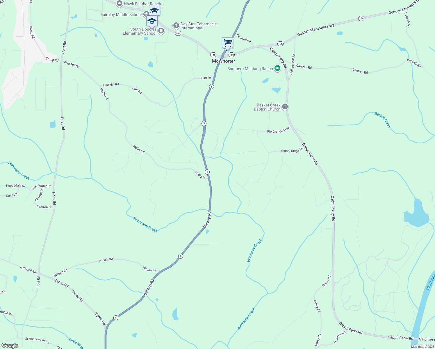 map of restaurants, bars, coffee shops, grocery stores, and more near 7630 Georgia 5 in Douglasville