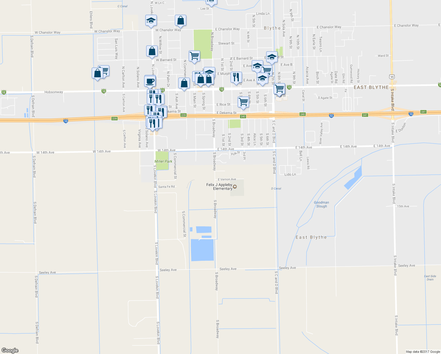 map of restaurants, bars, coffee shops, grocery stores, and more near 10484 East Vernon Avenue in Blythe