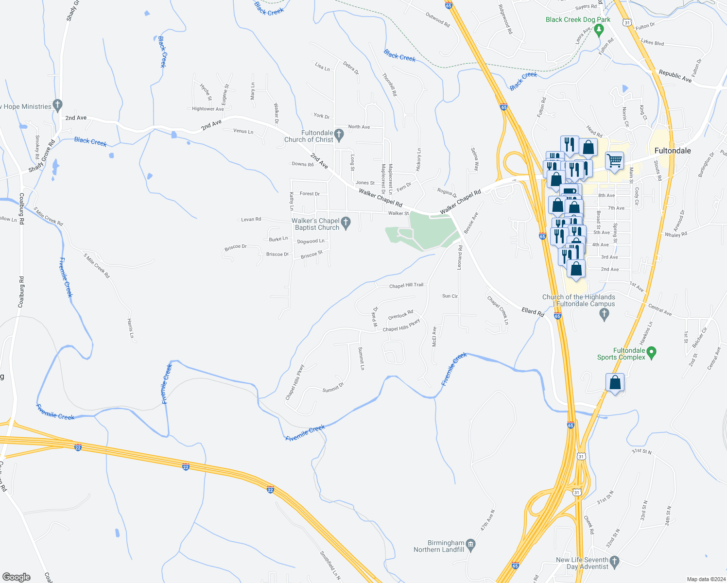 map of restaurants, bars, coffee shops, grocery stores, and more near 325 Chapel Hill Trail in Fultondale